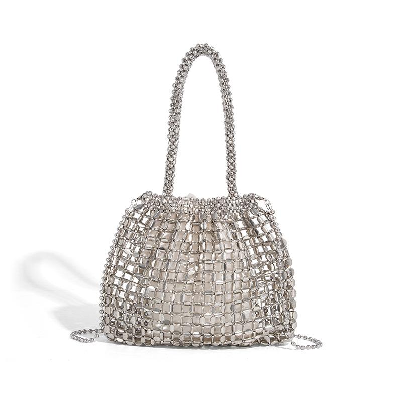 New Retro Silver Metal Handmade Shiny Beaded Sequin Handbag Underarm Single Shoulder Sequin Bag Woven