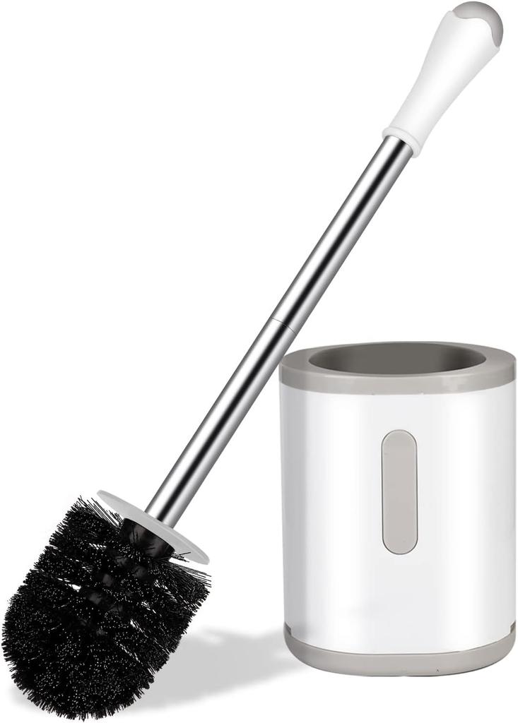 Compact Toilet Brush Holder Stainless Steel Handle Space Saving For Storage Deep Cleaning Drip-Proof Easy To Assemble Nylon Bristles White Grey