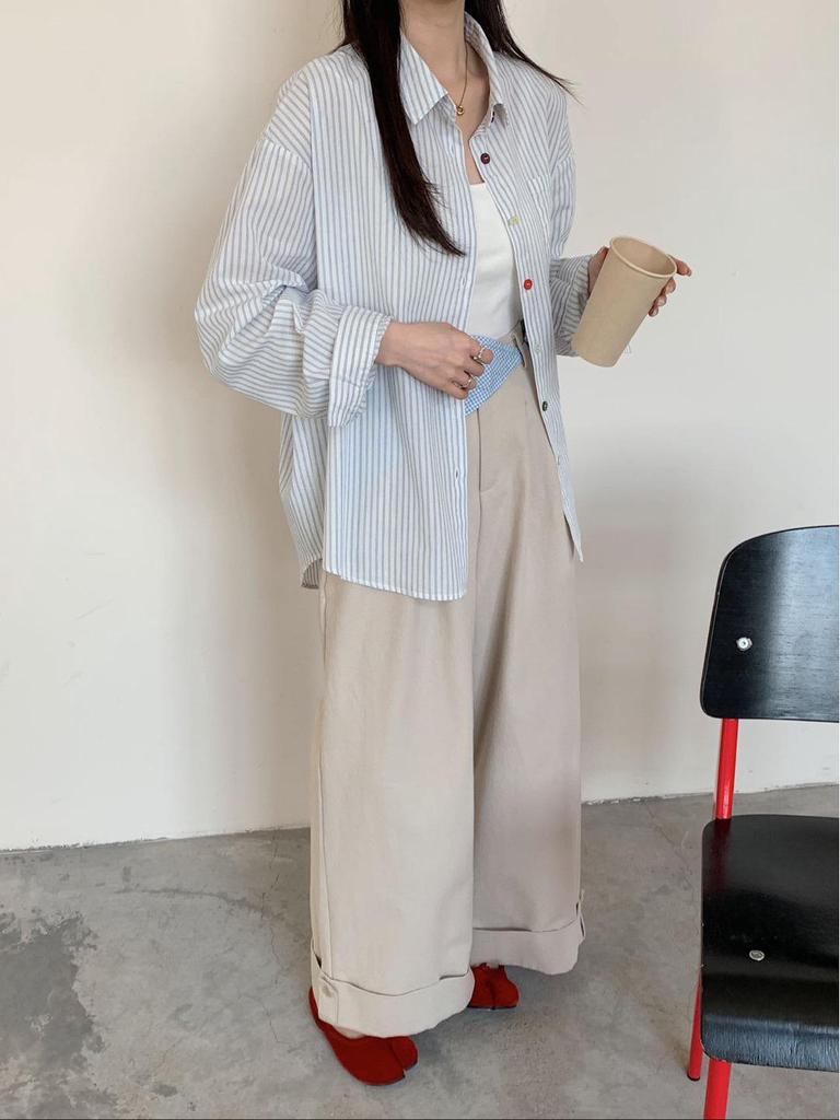 Women's Dopamine Color Striped Buckle Shirt - Personalized, Loose Long Sleeve Lapel Outerwear, ZG Whitening