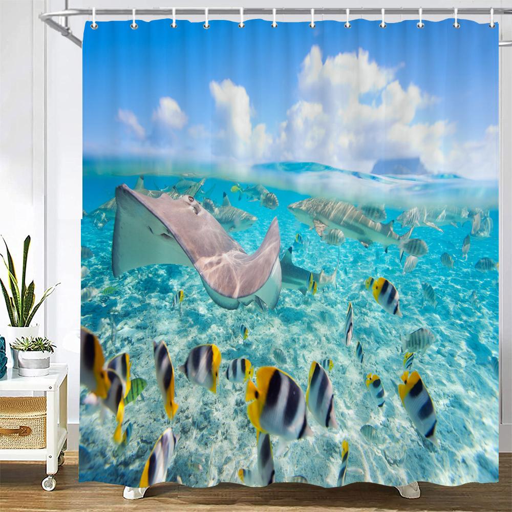 Lovely Dolphin Cartoons Shower Curtains Waterproof Bathroom Curtain 3D Marine Life With Hooks Large Size 240*180Cm Bath Screen