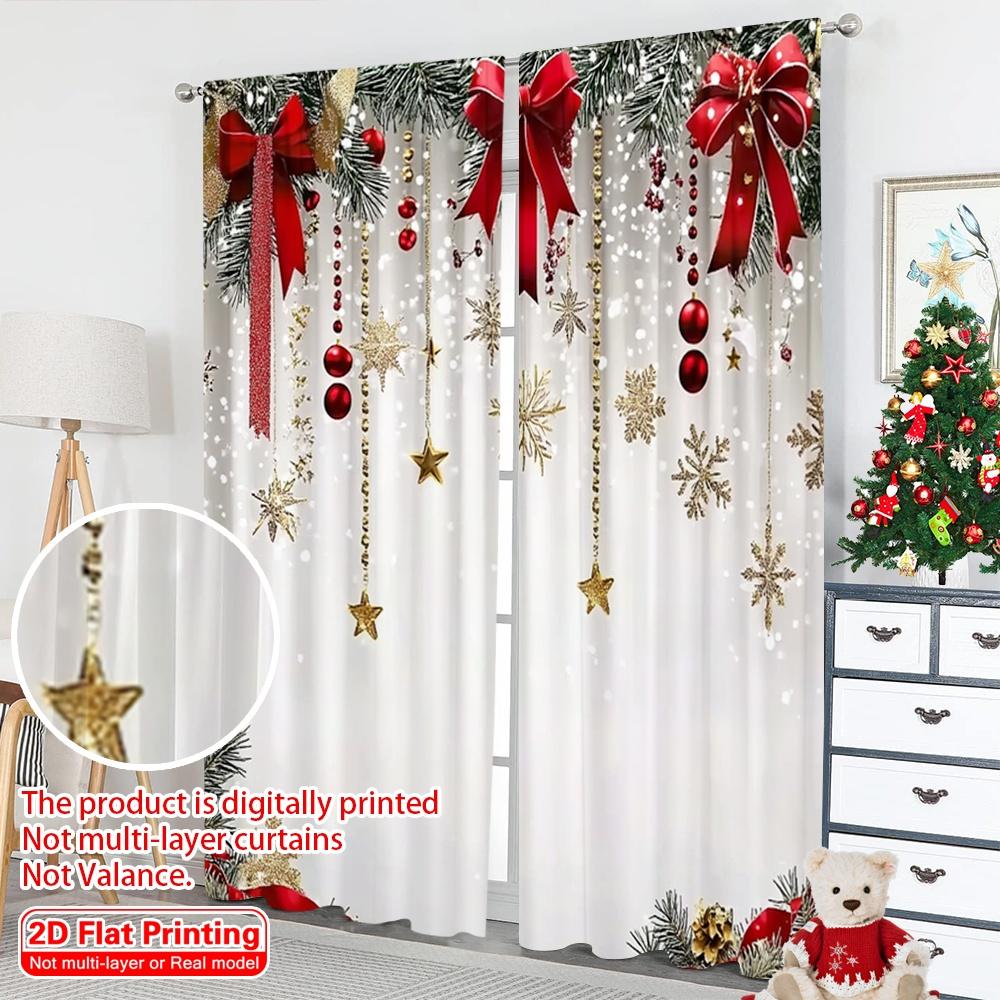 2D flat printing 2pcs Merry Christmas Popular Curtain red bow Durable Polyester Without Electricity Family Party Decoration