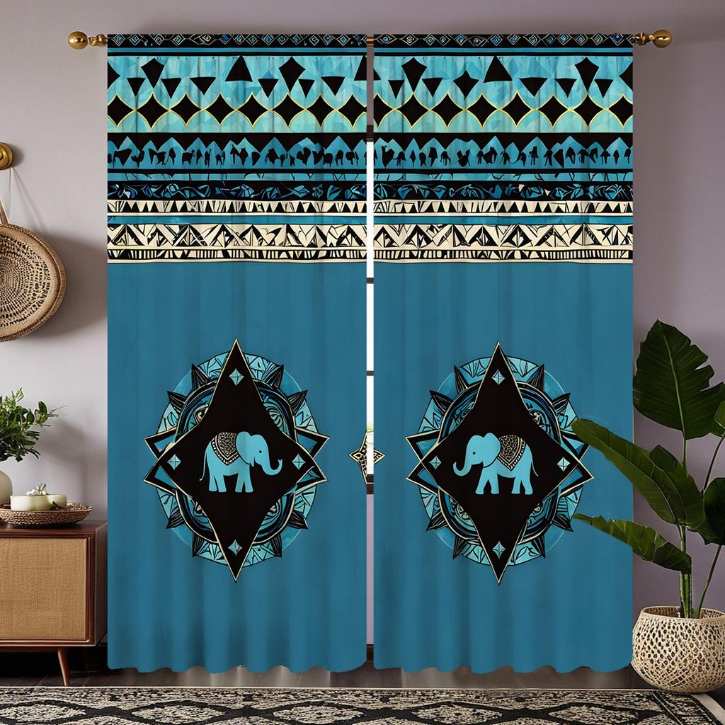 2pcs HD Thai Plaid Elephant Decorative Curtain Blue Tie Digital Printed Curtain Home Decoration Style Decoration Living Room