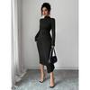 Spring 2026 New Style Small Stand-up Collar Knitted Solid Color Slim and Slimming Metal Buckle Dress