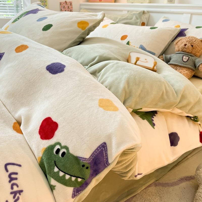 Thickened Milk Fleece Bed Four-Piece Coral Fleece Quilt Cover Double-Sided Flannel Fleece Bed Sheet Three-Piece Set