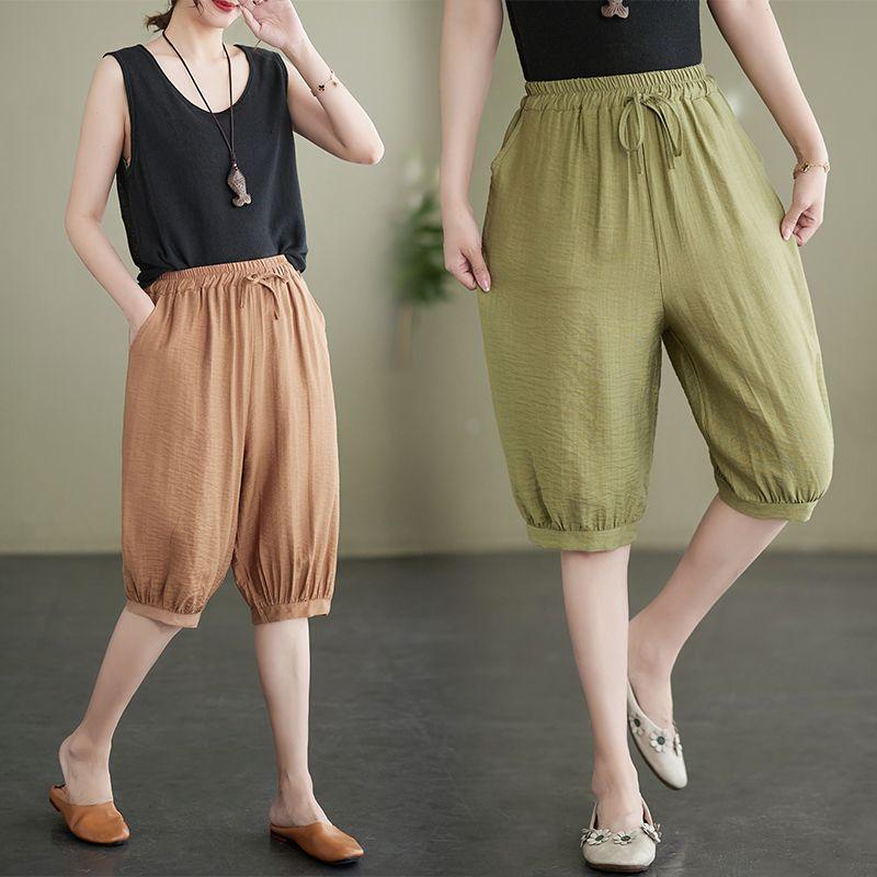 Ladies' Casual Haren Pants Five Quarter Pants Summer Large Loose Solid Color Fashion