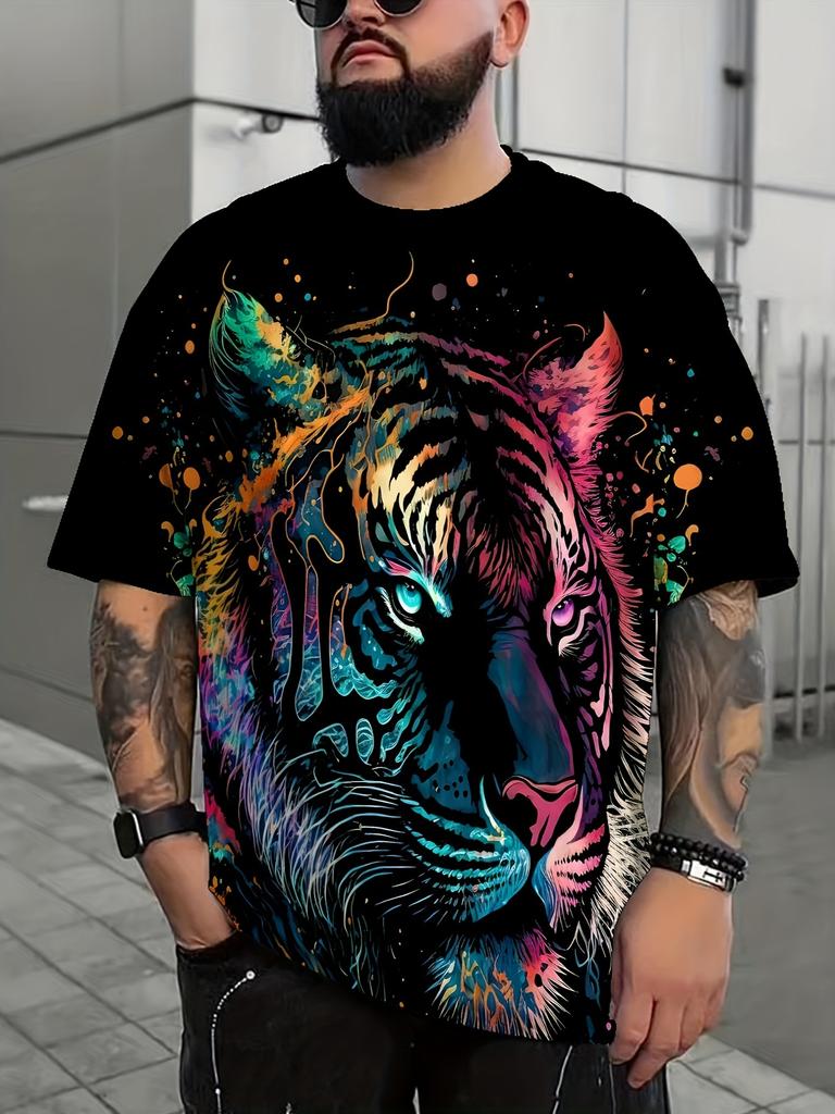 Summer Men's Colorful Tiger Graphic 3D Print T-shirt Fashion Casual Short Sleeve Tees Loose Top