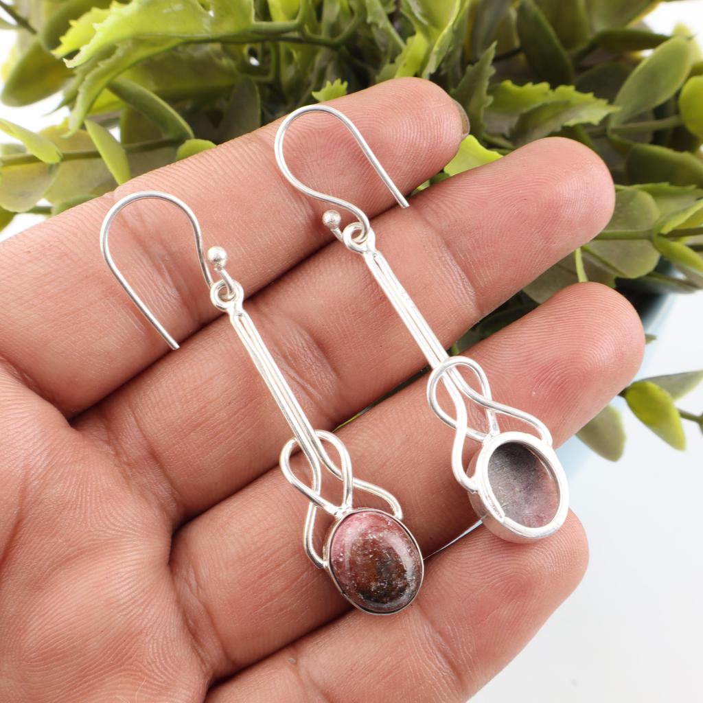 Black Rhodonite Gemstone Jewelry, 925 Solid Sterling Silver Earring,  Handmade Gorgeous Silver Boho Earrings For Wedding Gift
