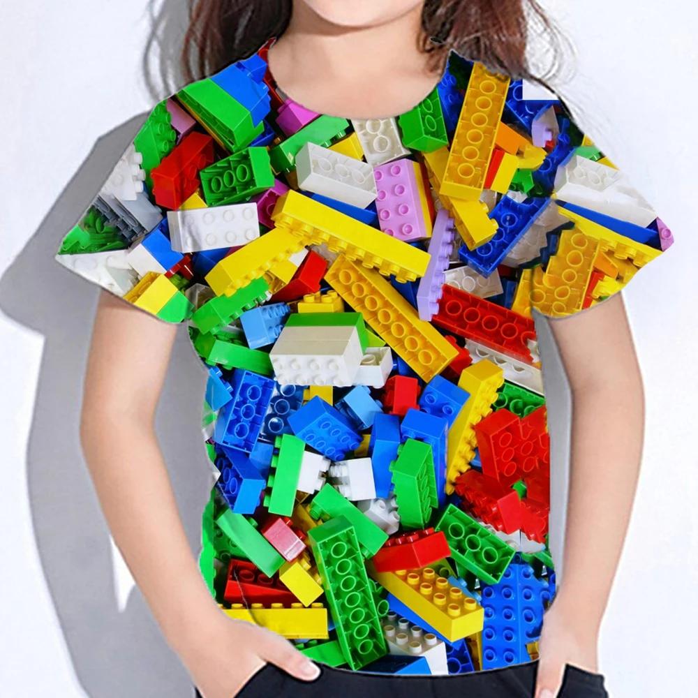 3D Colourful Bricks Short Sleeve Tshirts Summer Children's Boy's Clothing T-Shirt For Girls Kids Clothes Fashion 2026 Tees Tops