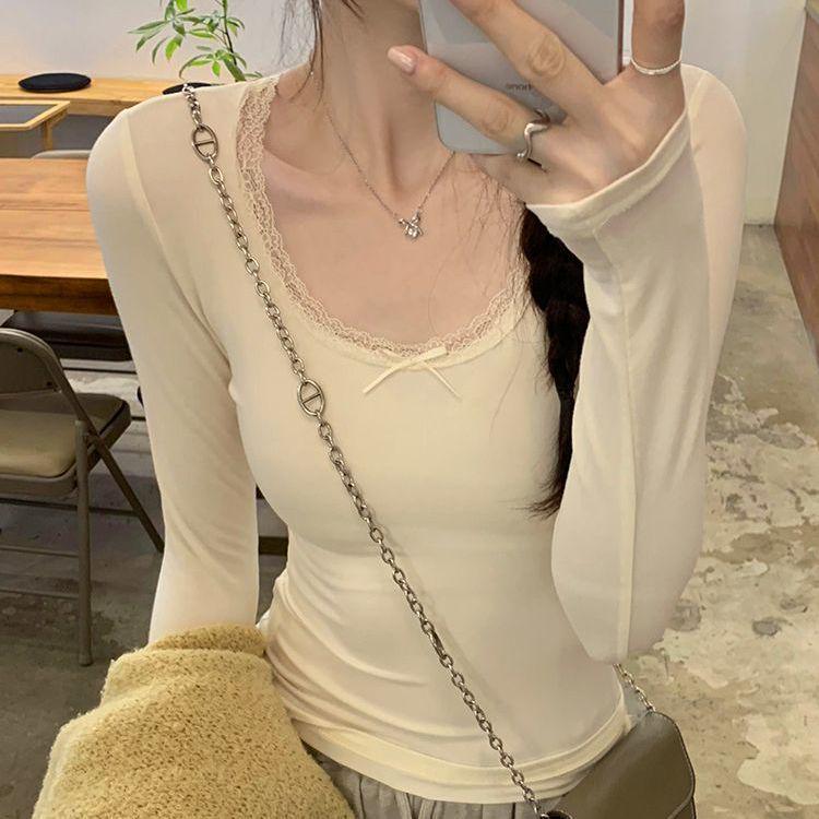 French Chic Lace Long Sleeve T-Shirt: Sweet, Cool, Spicy Collarbone Style, and Waist-Showing Korean Women's Autumn/Winter Top