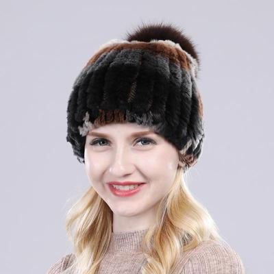 Good Elasticity Women Warm Real Rex Rabbit Fur Hat with Fox Fur Pompoms Natural Soft Fur Cap Female Winter Knitted Rex Rabbit Fur Hats