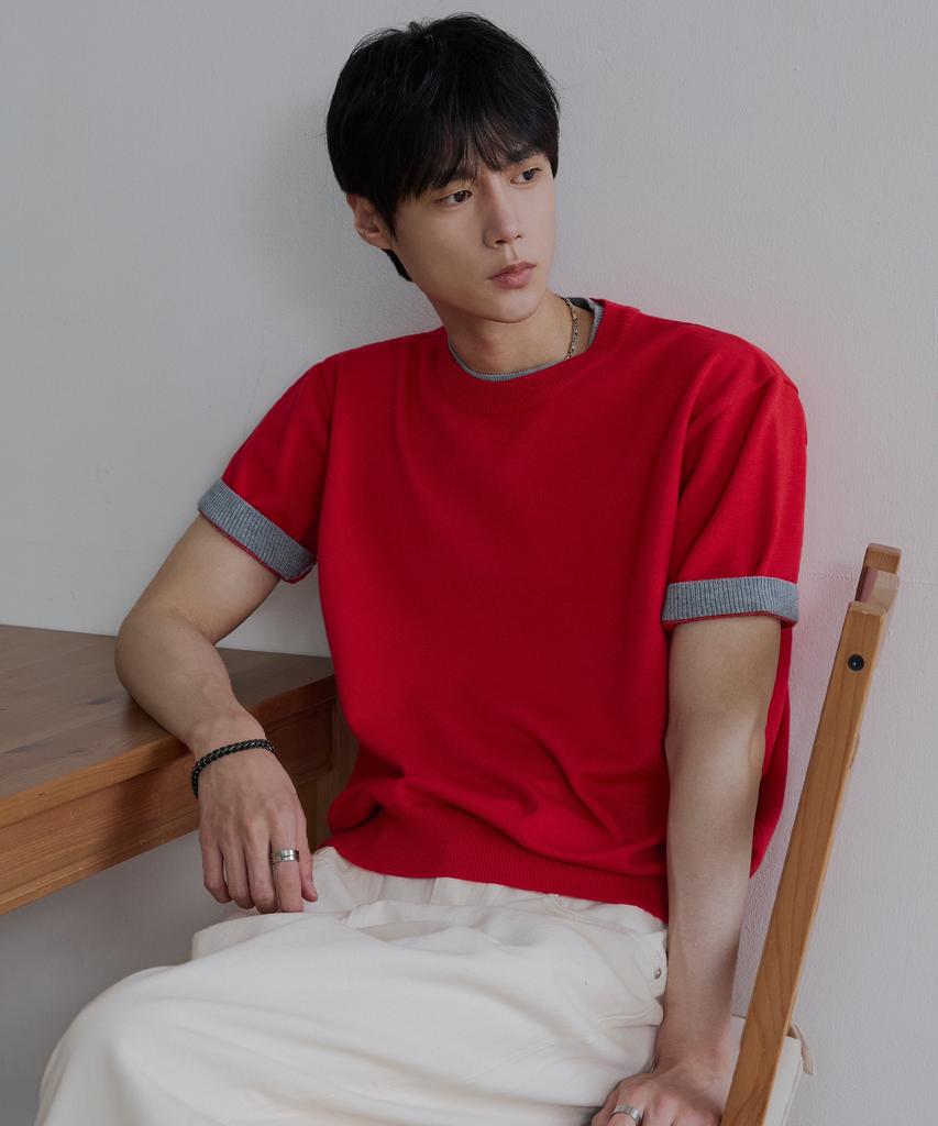 NODU Layered Color Block Round Cropped Half Knit [Red]