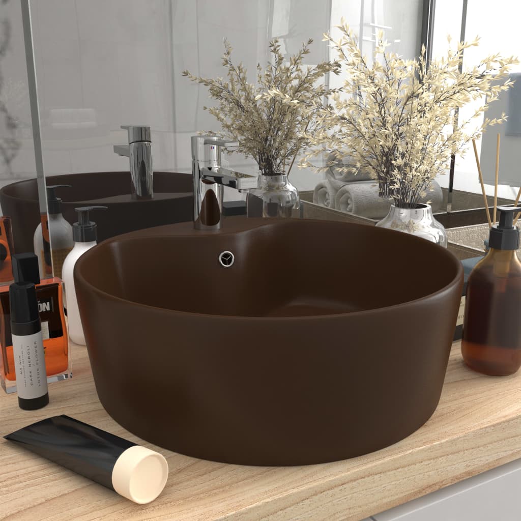 Luxury Wash Basin with Overflow Matte Dark Brown 36 X 13 Cm Ceramic