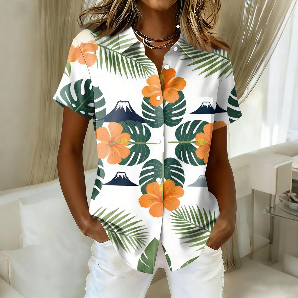 Women's Shirt Hawaiian Print Button Short Sleeved Pocket Casual Top