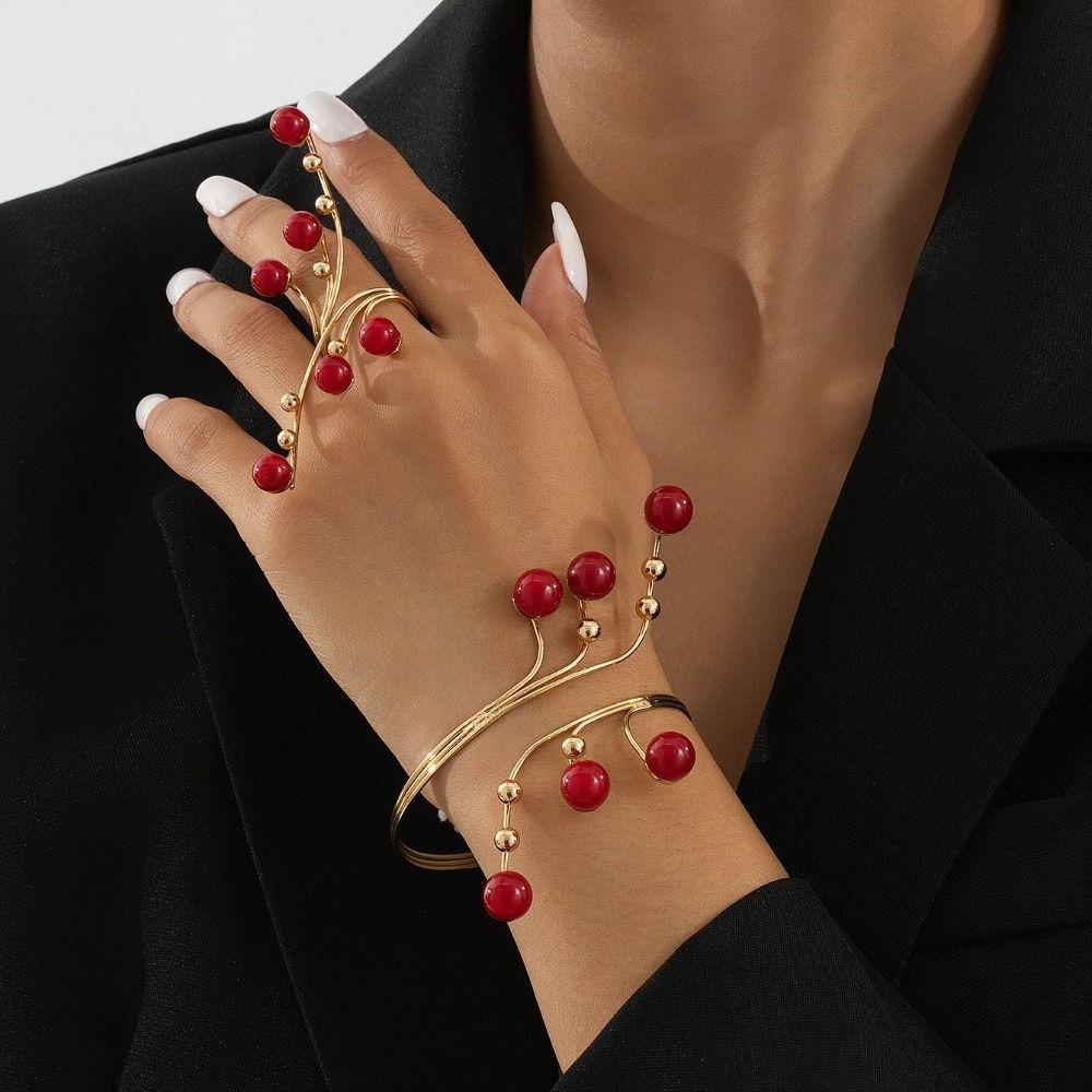 Imitation Pearl Bracelets Rings Set for Women Chunky Advanced Wrap Bracelets Ring Personality Adjustable Fit Irregular Bracelet