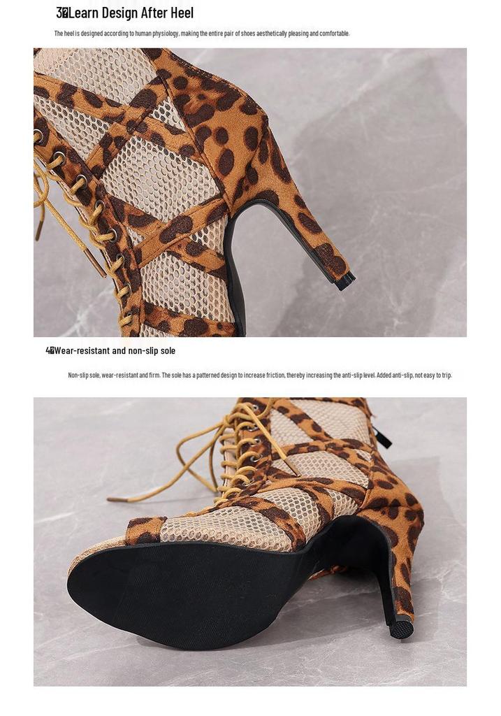 Women's 2024 Plus Size Open-Toe High-Heel Lace-Up Mesh Cut-Out Sandals