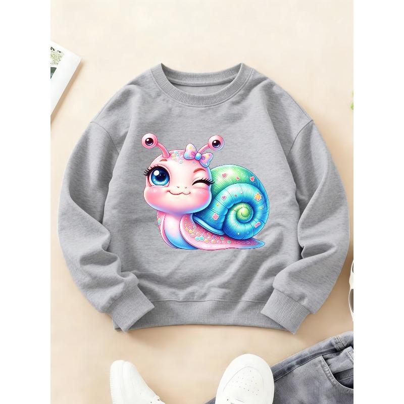 Kids Crewneck Long Sleeve Sweatshirt, Cute Healing Rainbow Snail & Heart Print, Warm Comfortable Top