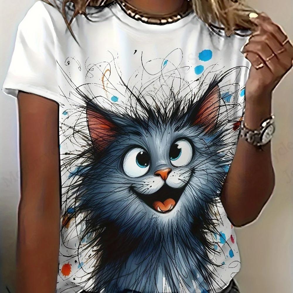 Women's Plus Size 3d Cute Cat 3d Print Tshirt Women Fashion Casual Crew Neck Short Sleeve T Shirt Female Tops Tees Cartoon