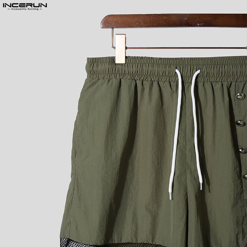 INCERUN Men Drawstring Elastic Waist Pockets Hollow Patchwork Casual Cargo Shorts Pants