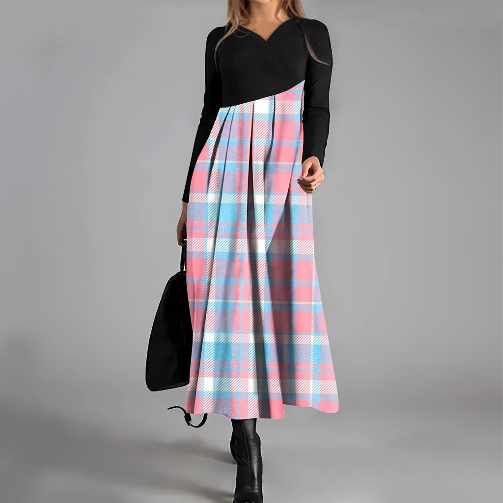 Dámské ležérní šaty s dlouhým rukávem s výstřihem do V, kostkovaným potiskem, stahovací kapsou v pase a velkými swingovými šaty