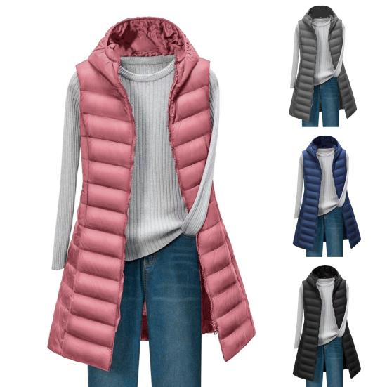Yousheng Lady Winter Cotton Coat with Hood Thin Padded Windproof Sleeveles Solid Color Mid Length Waistcoat Zipper Closure Cardigan Outerwear