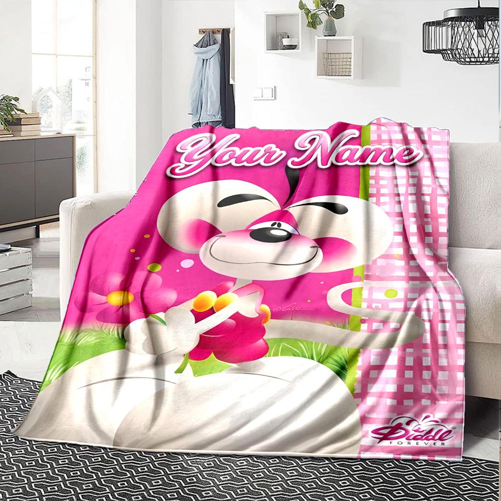 1pc Diddl Blanket with Custom Name, Gift, for Men and Women, Soft Blanket, Good for Sofa Bed Couch Travel, Lightweight Flannel Blanket