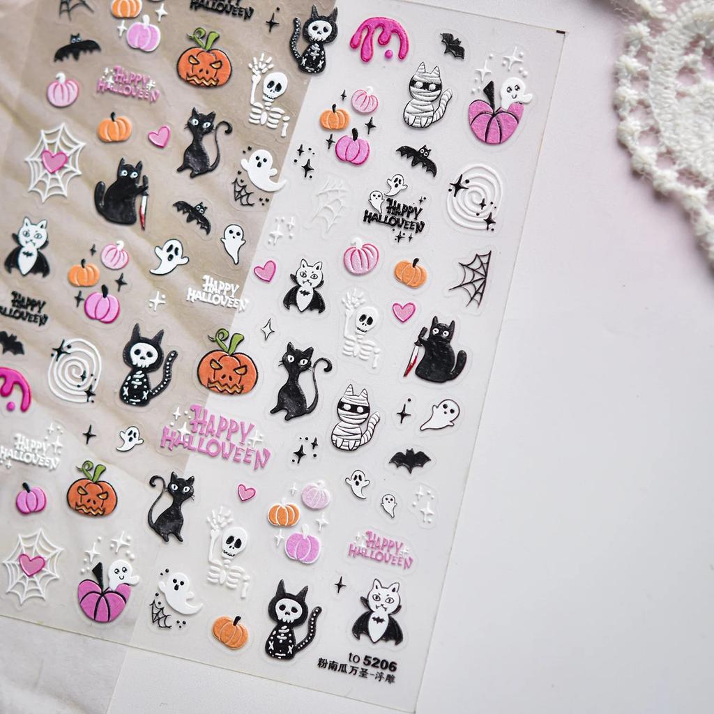 5D Nail Stickers Dark Style Nails Sticker Pink Pumpkin Halloween Self Adhesive Nail Art Stickers DIY Manicure Decorations Decals