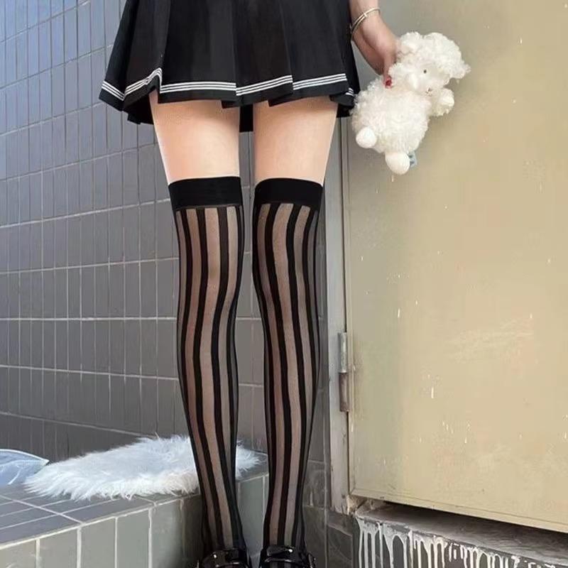 New Sexy Vertical Stripe Black Thigh High Stretchy Stockings For Women Summer Thin Breathable Over-Knee Socks Sheer Tights