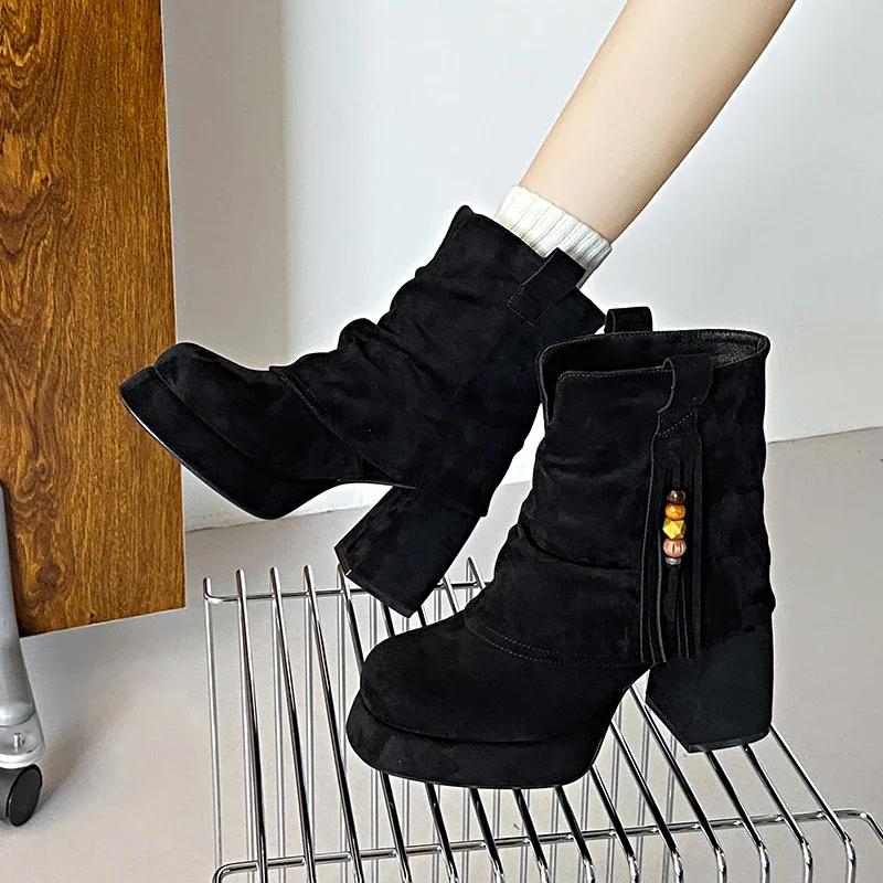 

Платформа Кисточки Ботильоны Женские Осень Зима Новые Темперамент Круглый Носок Блочный Каблук Брючные Сапоги Ретро Сапоги на Высоком Каблуке 35