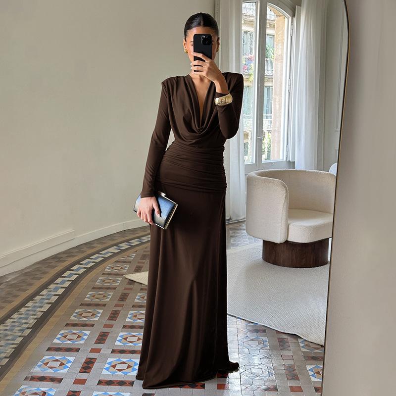 

Autumn new fashionable solid color pleated simple sexy swing collar waist long sleeve hip wrap dress L коричневий