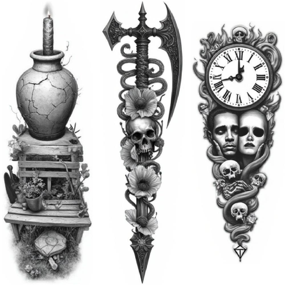 3 шт. Временные татуировки Реалистичные временные татуировки Загадочная фигура Часы с лицами Жнец Для рук Бедер Женщин
