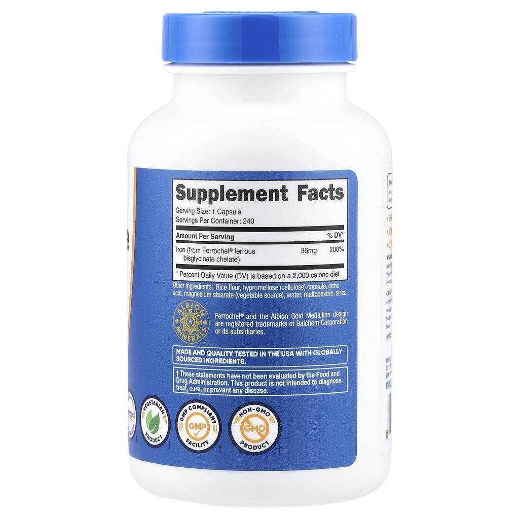 Nutricost, Iron Chelate from Ferrochel®, 36 mg, 240 Capsules