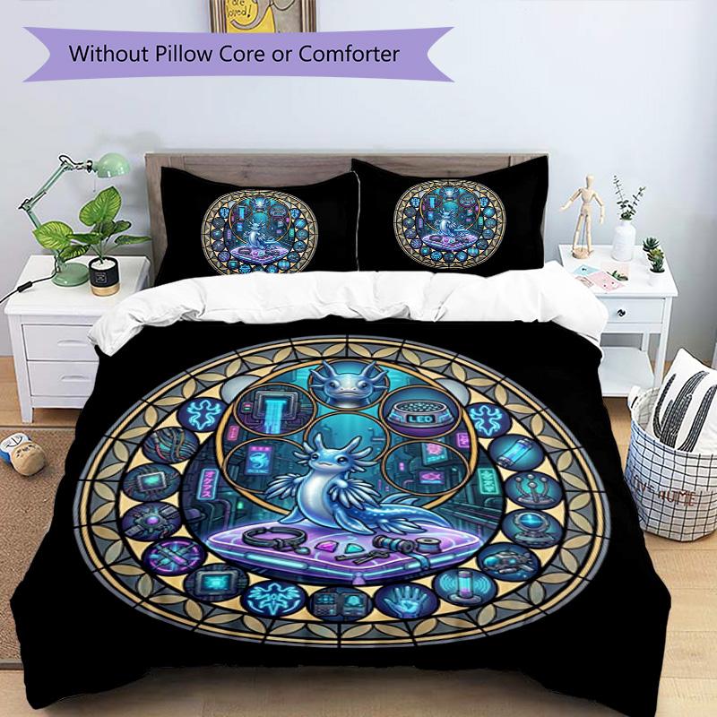 Cyber Axolotl Mandala Pattern Bedding,Quilt Set Quilt Cover Pillowcase Home Birthday Gift (1 * duvet cover + 2 * pillowcase, without core)