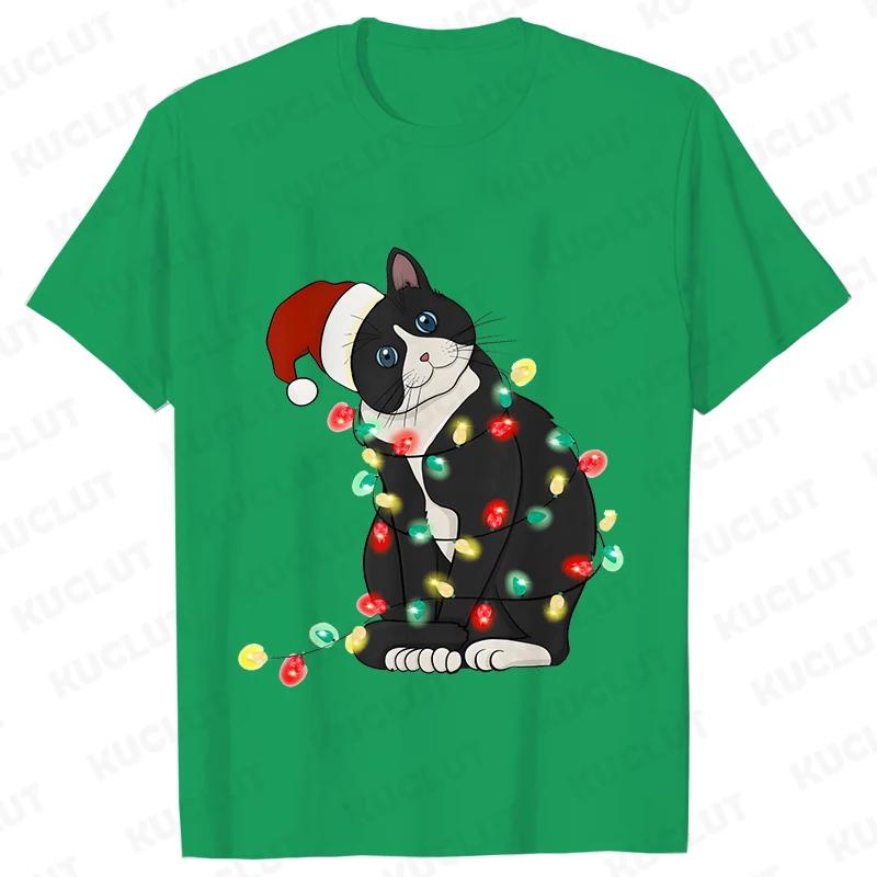 Fashion Trendy T Shirt Short Sleeve Tees for Unisex Funny Christmas Lights Cat T Shirts Female Korean Casual Streetwear Tshirt