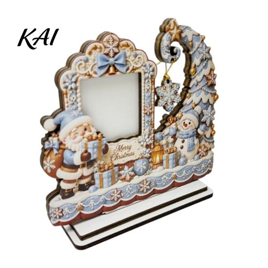 Holiday Photo Storage Christmas Wooden Frame, 2D Picture Holder with Santa Snowman & Snowflake Pendant, Family Display Frame for Home Mantel