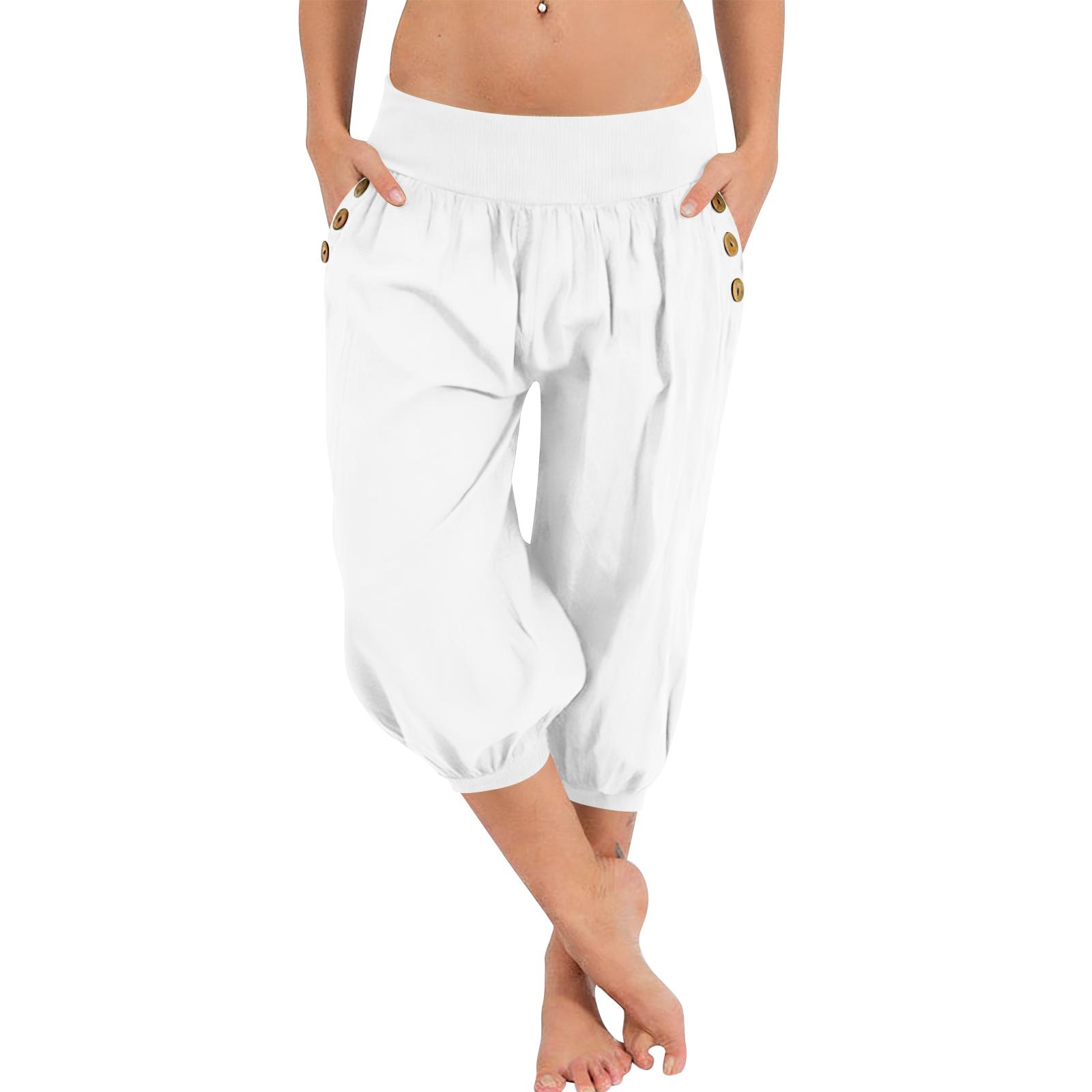 

Women Elastic High Waist 3/4 Pant Casual Fit Wide Capris Leg Pants Trousers With Pockets S білий