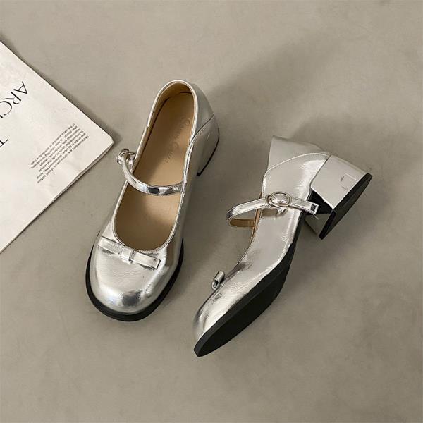 

Модные туфли с бантом Сексуальные каблуки Мэри Джейн Массивные сандалии Сабо для женщин 2025 Травести Ретро Лолита Кожа Блок Весна Африканский Серебристый 35