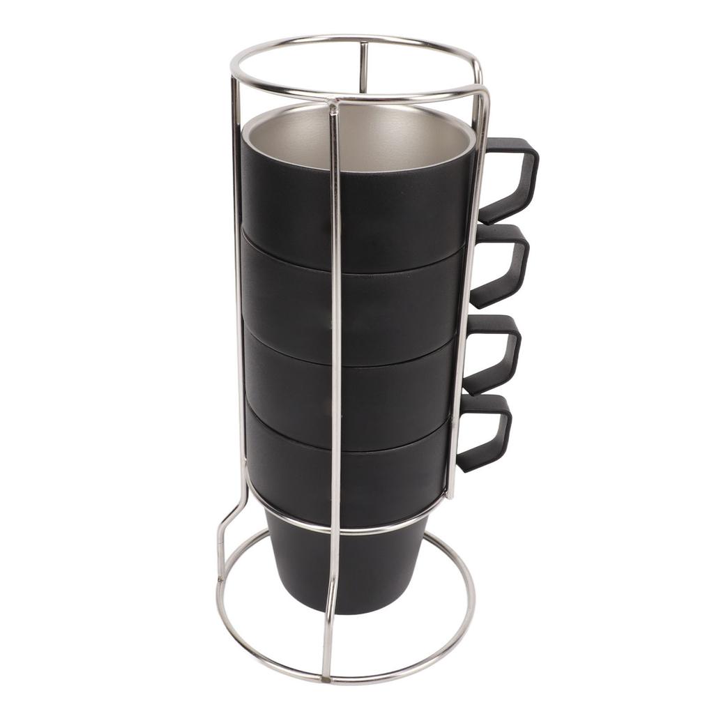 4PCS Camping Double Layer Cups Stainless Steel Food Grade Plastic Spraying Stackable Coffee Cup for Picnic Black