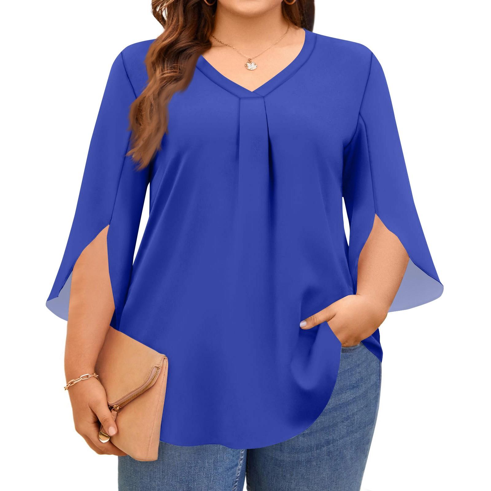 

Женские однотонные топы с V-образным вырезом больших размеров, рукава 3/4, элегантная рубашка-топ L синий