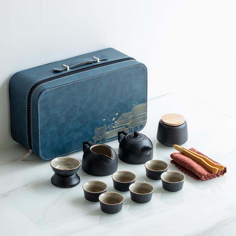Japanese travel kung fu tea set small set household simple teapot ceramic teacup outdoor tea tray portable bag