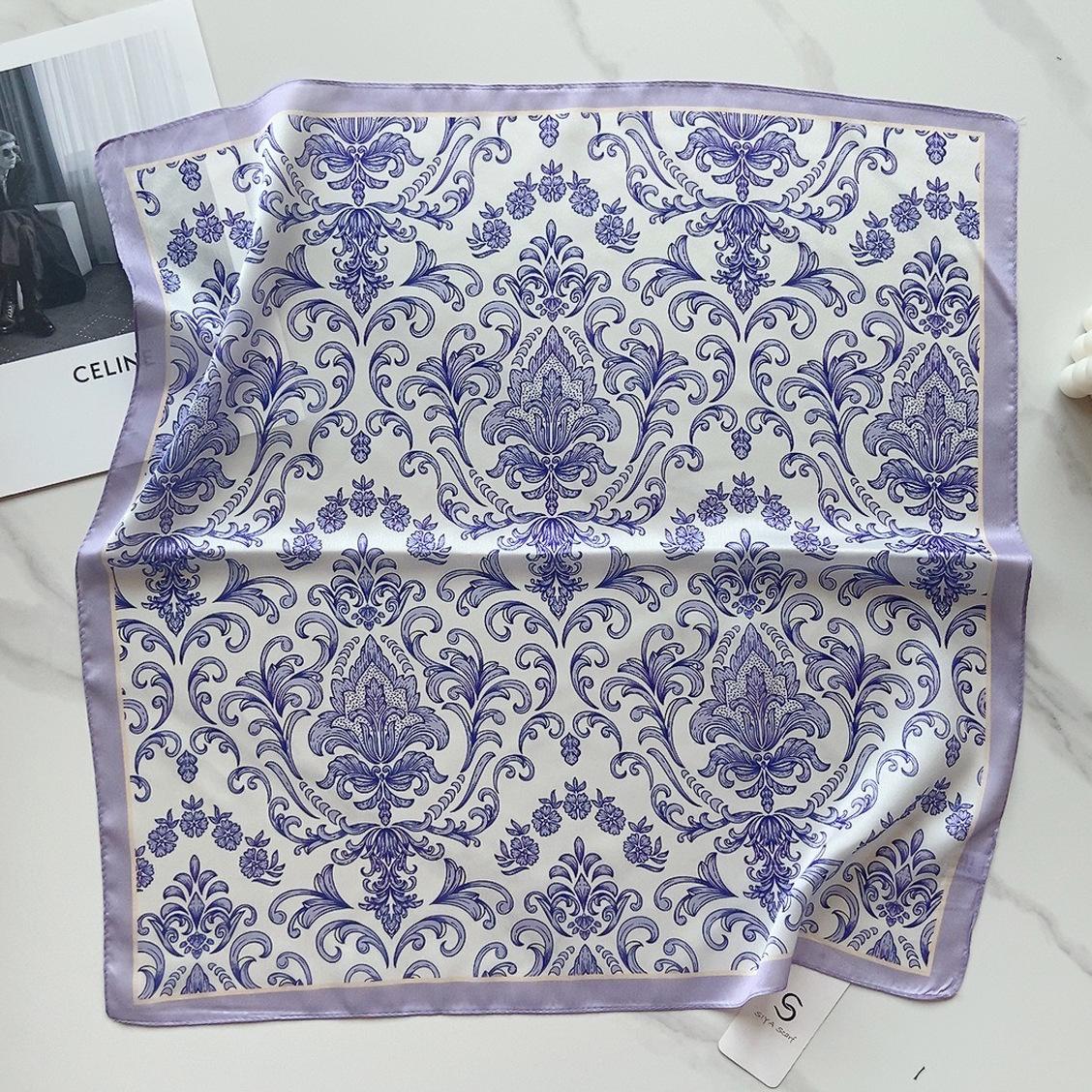 

58 см летний новый квадратный шарф из искусственного шелка с художественным цветочным узором, повязка на голову, женский декоративный универсальный маленький платок 58*58cm