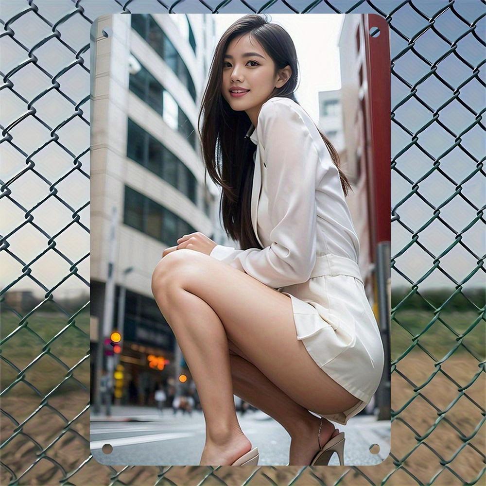 HD Printed Beautiful Asian Girl Urban Style Metal Tin Sign, Retro Fashion Wall Art Decor for Home, 8x12 Inch