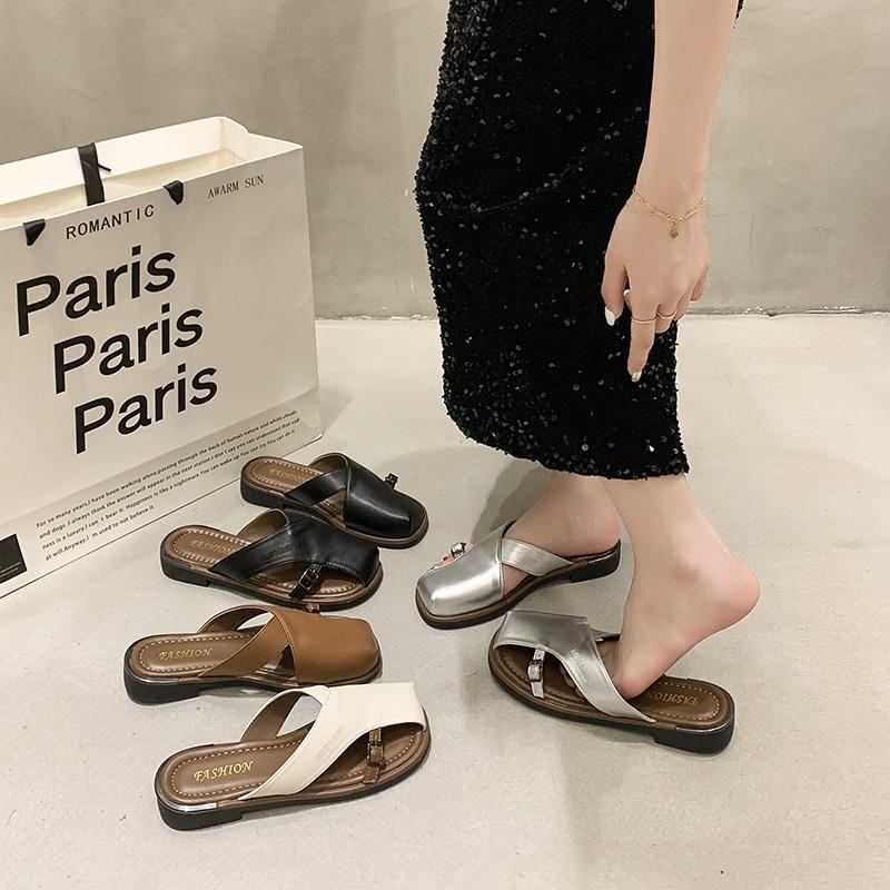 Thick-bottomed cool slippers niche design bag head slippers women's outer wear Xia Xin fashion retro one pedal