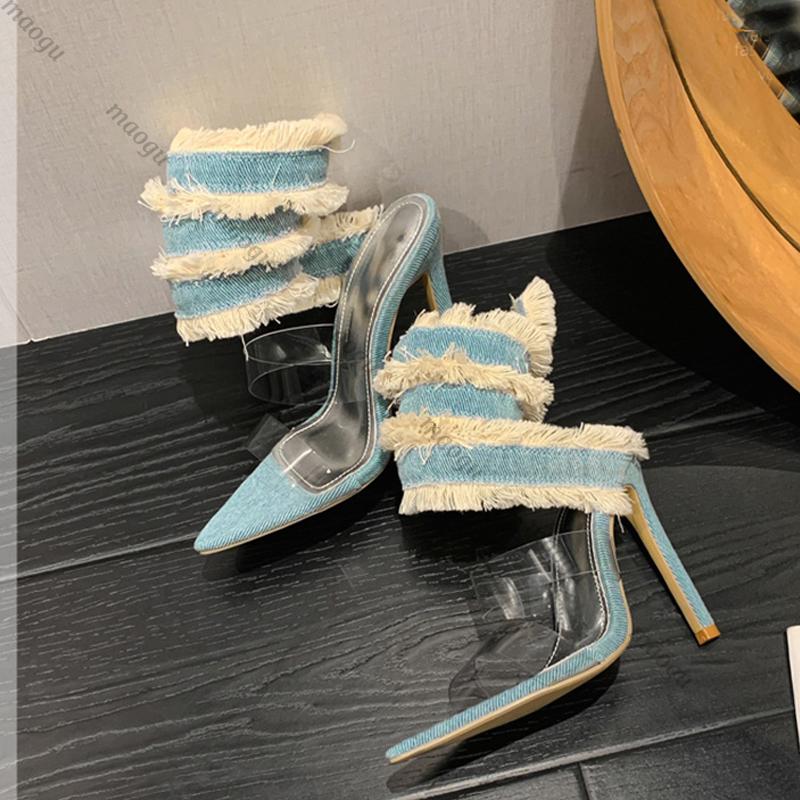 Shoes Woman Design Denim Ankle Snake Surround Strap Sandal Women’s Transparent PVC Summer Ladies High Heels Party Stripper Pumps