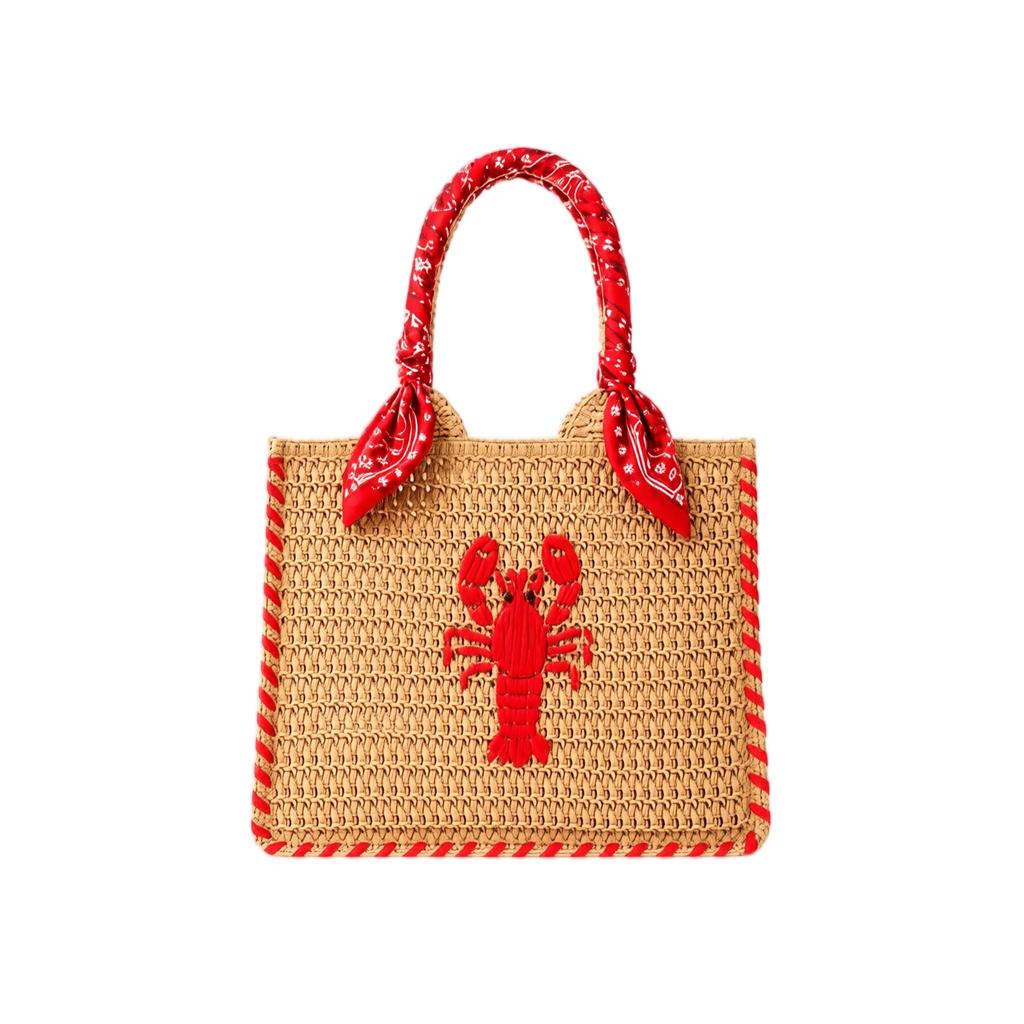 Handwoven Straw Tote Bag with Embroidered Fish Pattern and Wrapped Handles Suitable for Casual Everyday Use and Beach Outings
