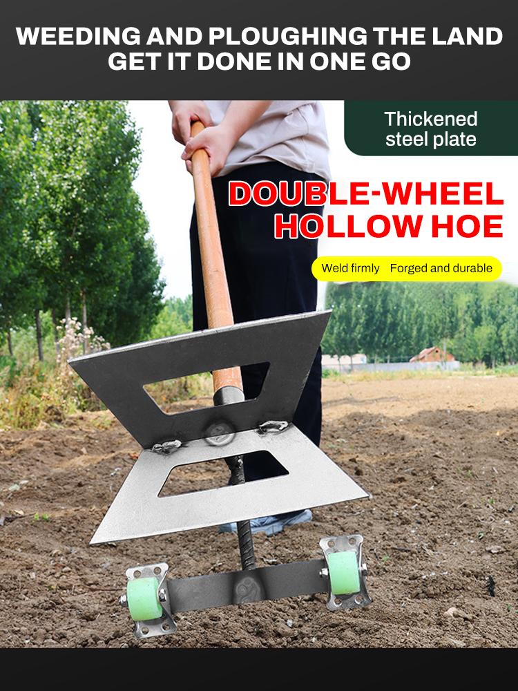 Ręczna głowica do pielenia pchania, dwugłowicowa kultywator na kółkach, chwastownik ze stali manganowej, motyka ogrodowa, podwójne zastosowanie do pielenia i spulchniania gleby