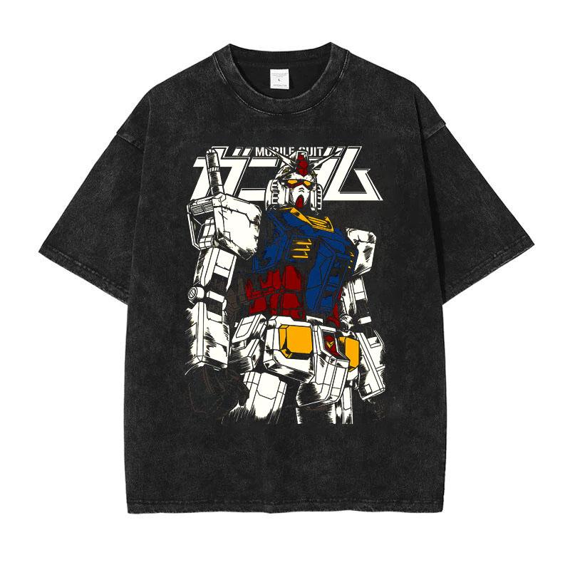 Gundam Mobile Suit Printed Tshirt Mens and Womens Washed Tshirt High Quality Vintage Cotton Tshirt Harajuku YK Tops