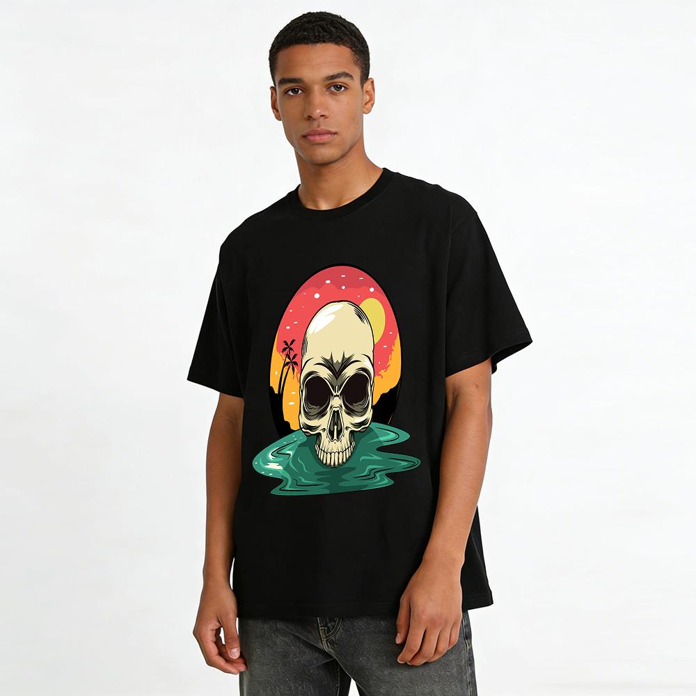 Vintage Sunset Skull In Water Graphic Tee Unisex Vacation Style Top Pure cotton T-shirt