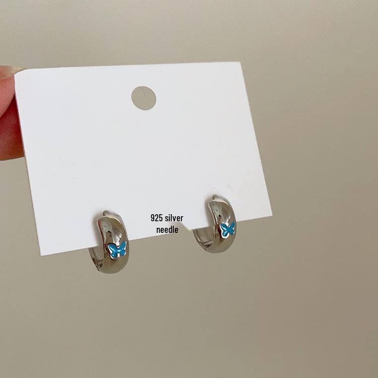 Butterfly Oil Drip Metal Hoop Earrings - Women's Retro Simple Studs with Unique Design 