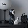 Ghost Puppy Halloween Decor Grim Reaper & Ghostly Resin Figurine Black Robed Skeleton with Cute 3D Carved Decoration Dog Statue Dark Gothic for Desk