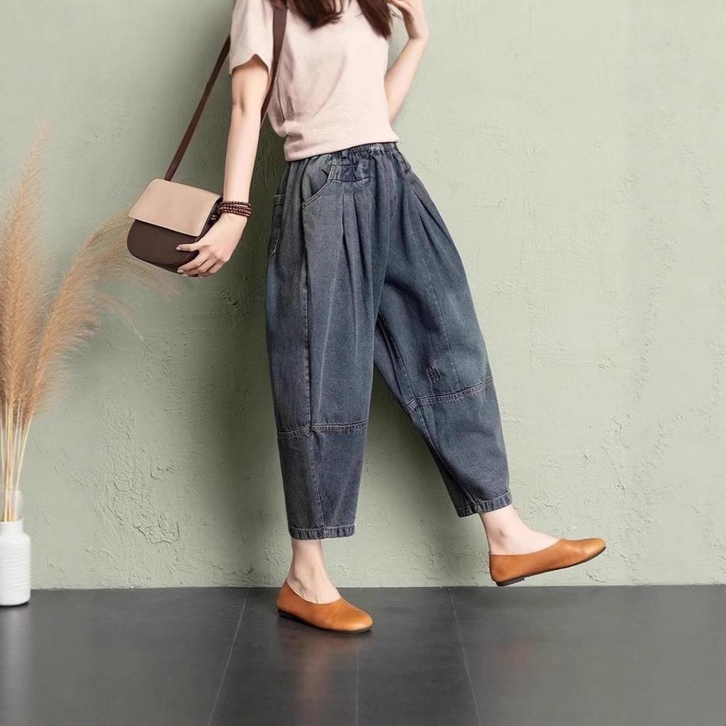 Women's Wide-Leg Denim Carrot Harem Pants - Plus Size, Slimming, Nine-Tenths Length, Autumn/Summer Style